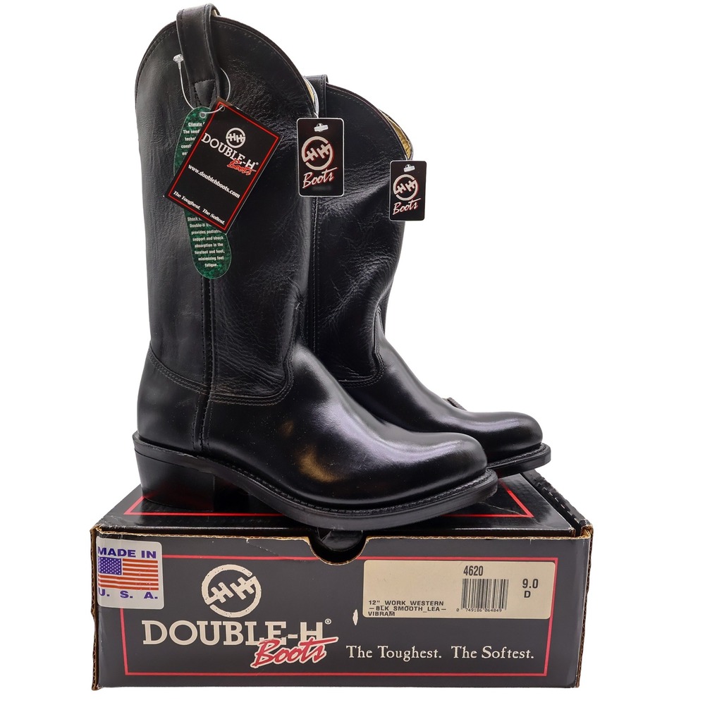 Double-H 4620 Work Western Boots Mens 9 D Black Leather NWT Made in USA Vibram
